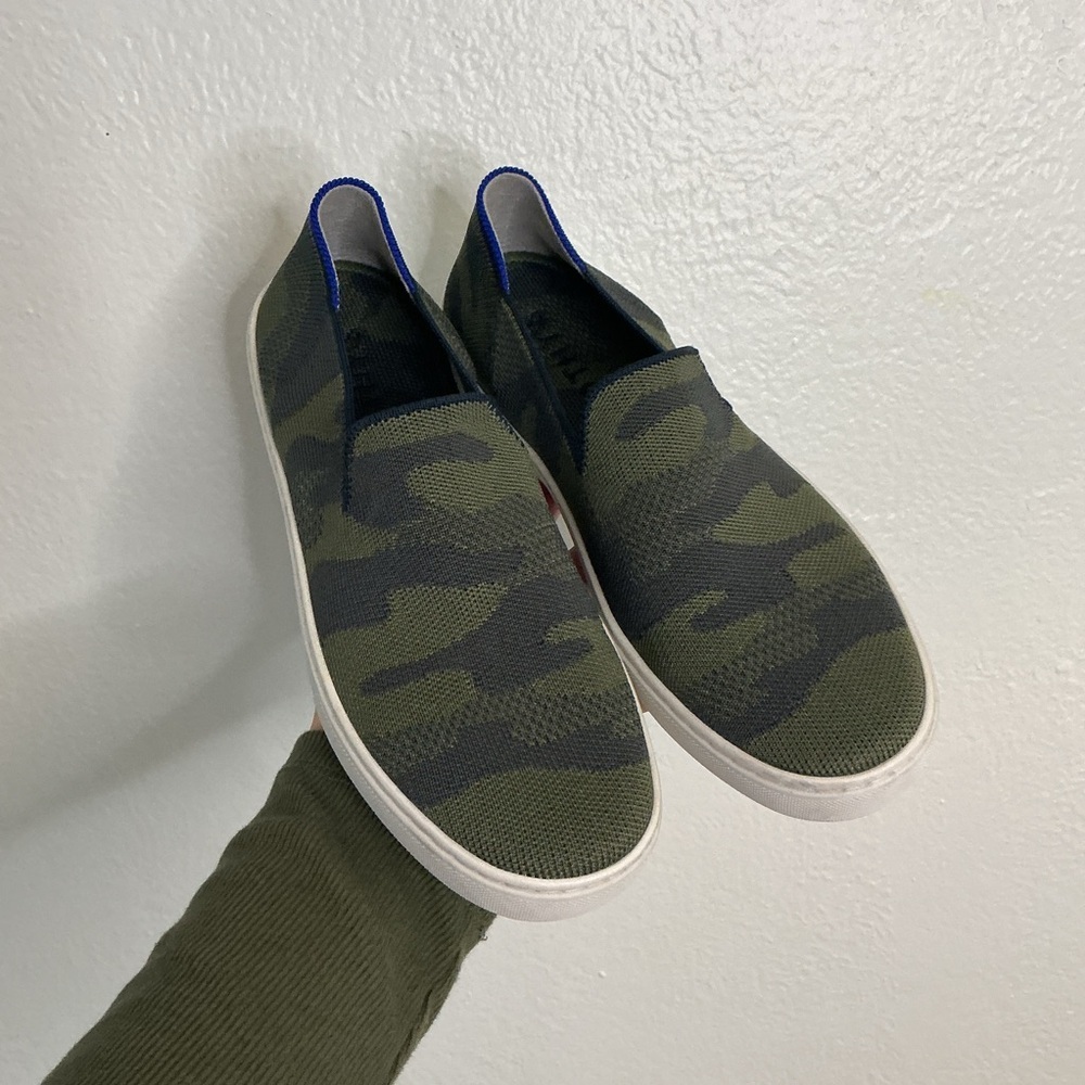 Rothy's The Original Slip On Sneaker in an olive green and navy camo pattern‎